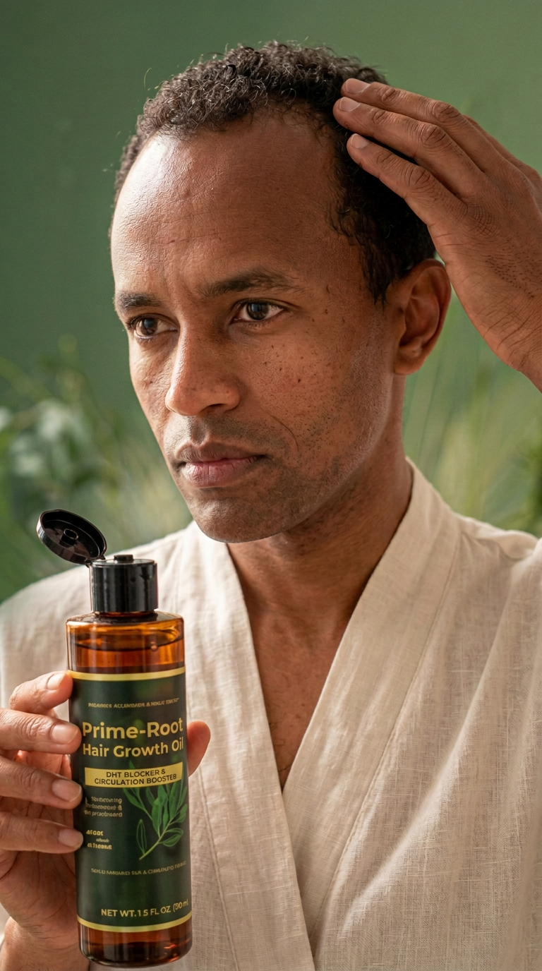 Man with fuller, healthier hair holding Prime-Root oil